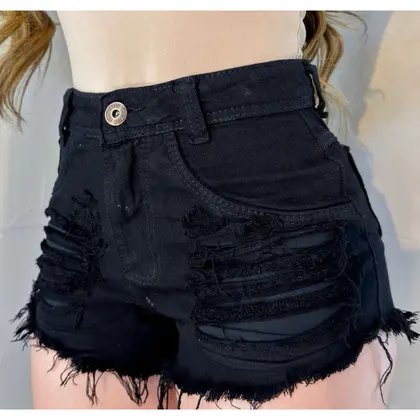 Short Jeans Feminino Preto Detonado Cintura Alta 40